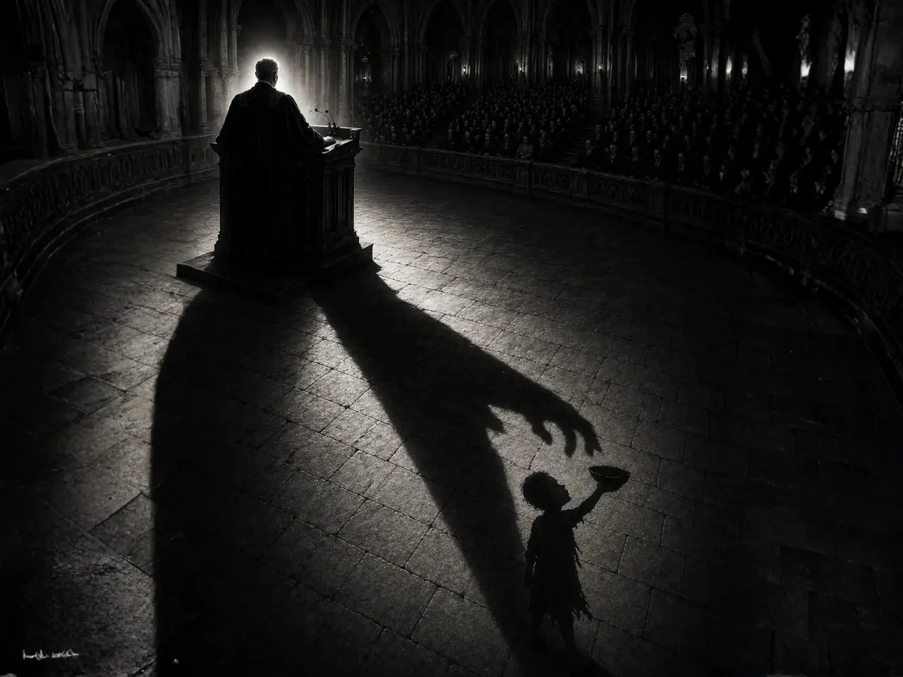 A robed figure addresses a packed audience from a grand lectern in a vaulted hall. A single bright light from behind illuminates the speaker in silhouette. Across the stone floor stretches a long shadow — but the shadow's shape is not that of a person. It is a grasping predatory claw, reaching toward a small ragged child holding out an empty bowl.