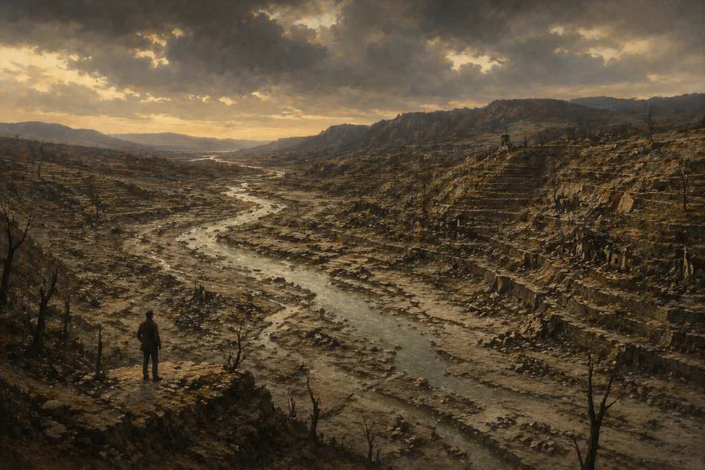 A lone figure stands at the edge of a devastated river valley at dusk. The terraced hillsides have collapsed, the riverbed runs thin and choked, and skeletal trees dot the barren slopes. The scale of what was once cultivated is visible in the bones of the terrain.