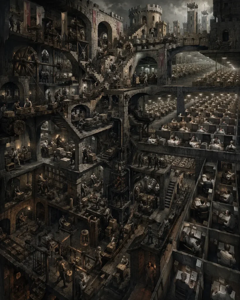 A vast Escher-like cross-section of a structure combining medieval castle architecture with an industrial warehouse. Multiple levels show labourers and white-collar workers alike in constrained, repetitive positions — carrying crates, seated at desks in endless rows, moving through corridors with no visible exit. The spatial logic loops back on itself.