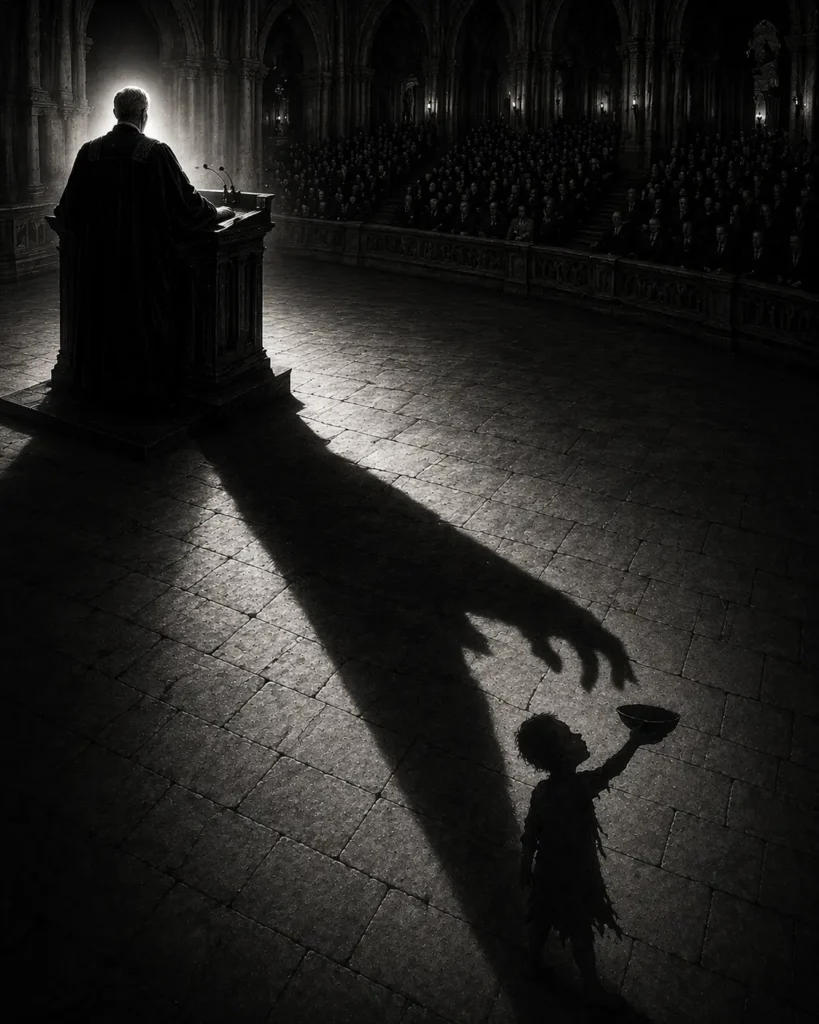 A robed figure addresses a packed audience from a grand lectern in a vaulted hall. A single bright light from behind illuminates the speaker in silhouette. Across the stone floor stretches a long shadow — but the shadow's shape is not that of a person. It is a grasping predatory claw, reaching toward a small ragged child holding out an empty bowl.