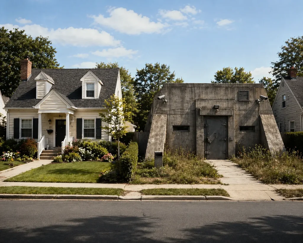A suburban street on a clear summer day. On the left, a neat white clapboard house with a tended garden and flower beds. On the adjacent lot, a squat concrete bunker — blast door, surveillance cameras, overgrown weeds — sitting in the exact footprint where a matching house should stand. The contrast is deadpan and complete.