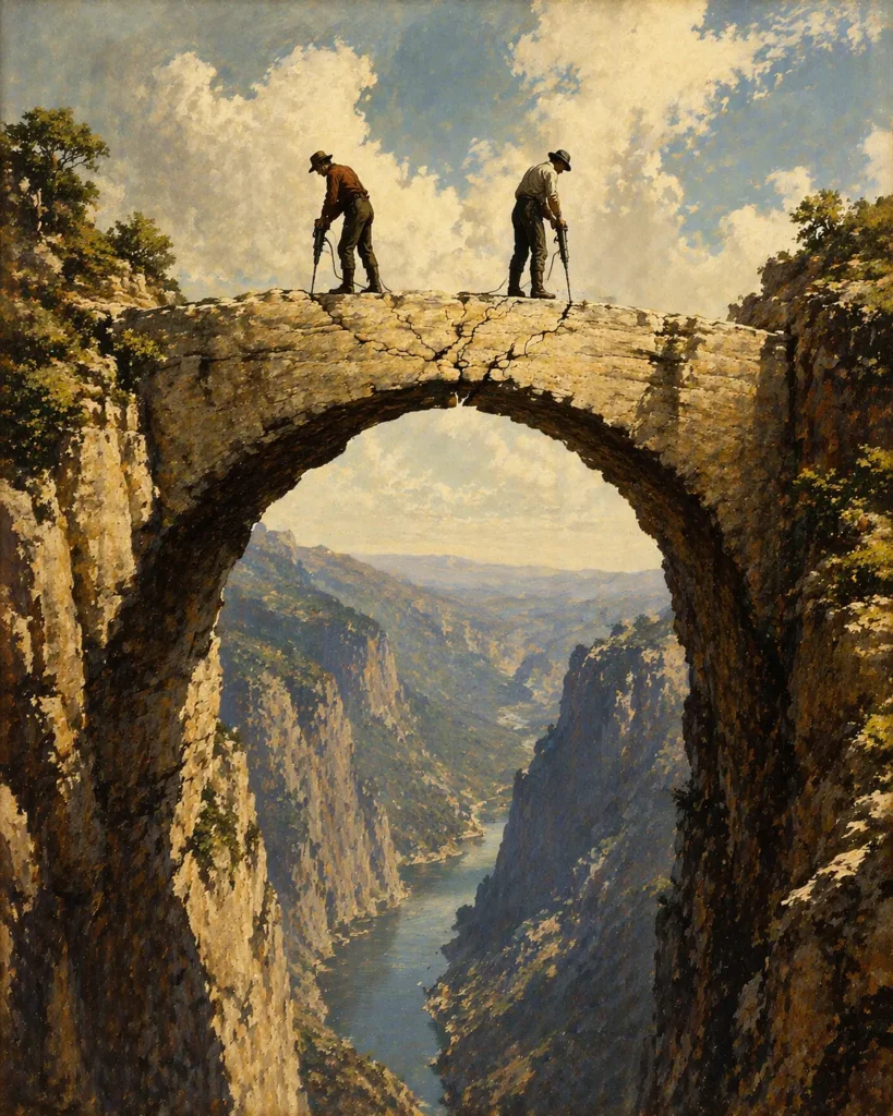 A vintage adventure-style oil painting of two figures standing back to back on the crown of a natural stone arch spanning a dramatic canyon gorge. Each is drilling into the stone beneath his feet. Visible cracks radiate from both drill points and converge in the centre. Far below, a river runs through the canyon. The sky is wide and bright above them.