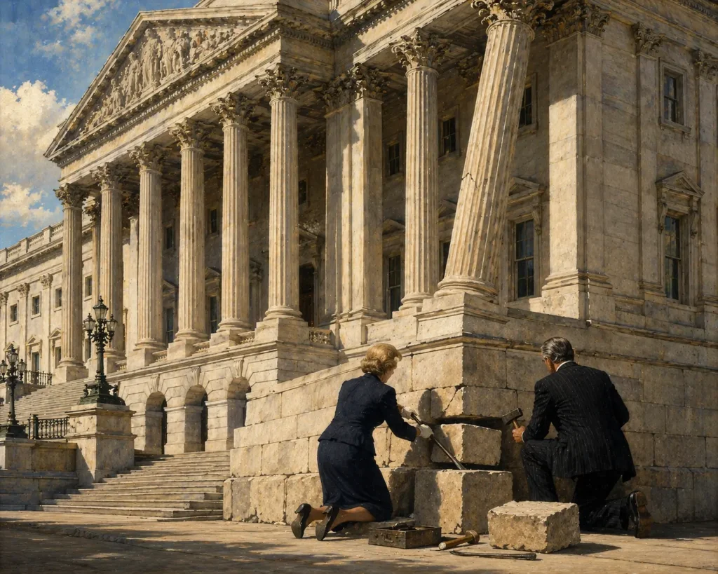 A sunlit neoclassical civic building with tall Corinthian columns and an ornate pediment. In the foreground, two figures — a woman in a dark suit and a man in a pinstripe suit, both seen from behind — kneel at the base of the structure using chisels and hammers to remove cornerstones from its foundation. Several large stone blocks already lie displaced beside them. A column behind them leans visibly.