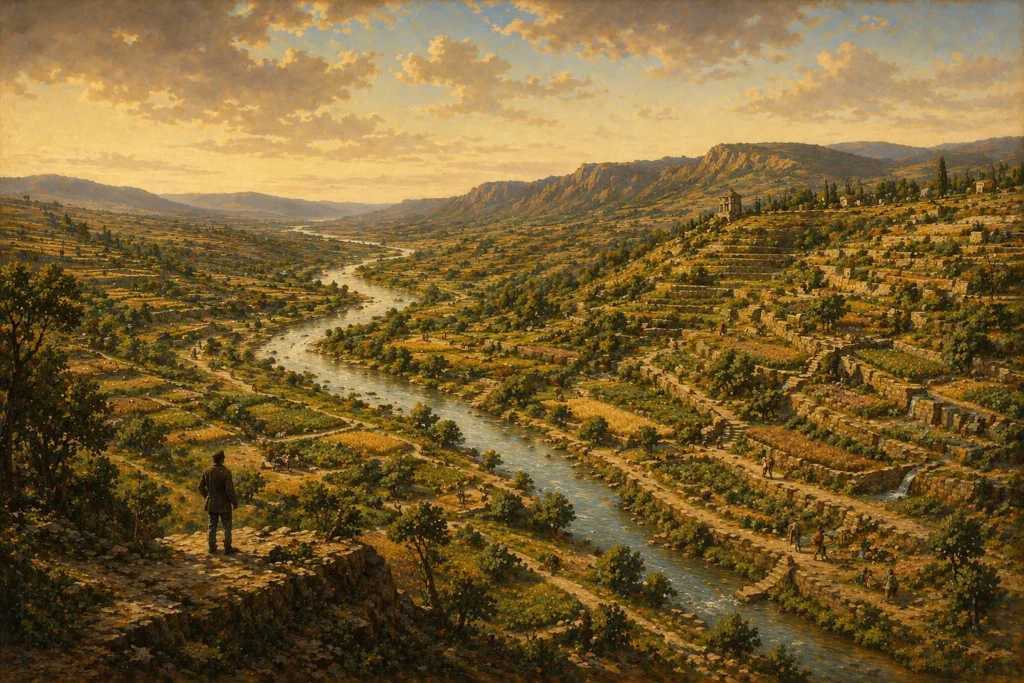 A sweeping river valley at golden hour, the same viewpoint as Image 1 but transformed. Terraced hillsides are intact and cultivated, varied with orchards, crops, and structured irrigation. The river runs clear through the centre. Small figures are visible at different points across the landscape — working, moving, tending — none heroic in posture, all purposeful. A single figure stands in the foreground looking out over what has been built.