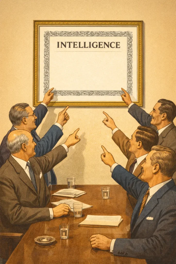 Six suited men seated around a boardroom table point approvingly at a framed certificate labeled “INTELLIGENCE,” whose center is completely blank.