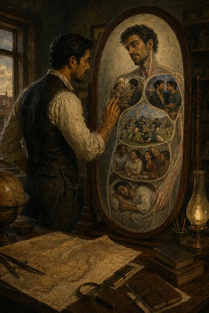 A dark-haired man in a warmly lit study looks into a standing mirror whose reflection shows his body filled with scenes of love, play, conversation, and rest instead of a normal reflection.