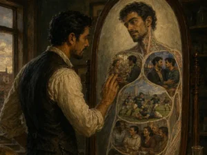 A dark-haired man in a warmly lit study looks into a standing mirror whose reflection shows his body filled with scenes of love, play, conversation, and rest instead of a normal reflection.