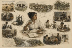 Victorian-style scientific plate showing a woman seated at breakfast surrounded by connected scenes of farming, teaching, tools, family, water, work, and community life.