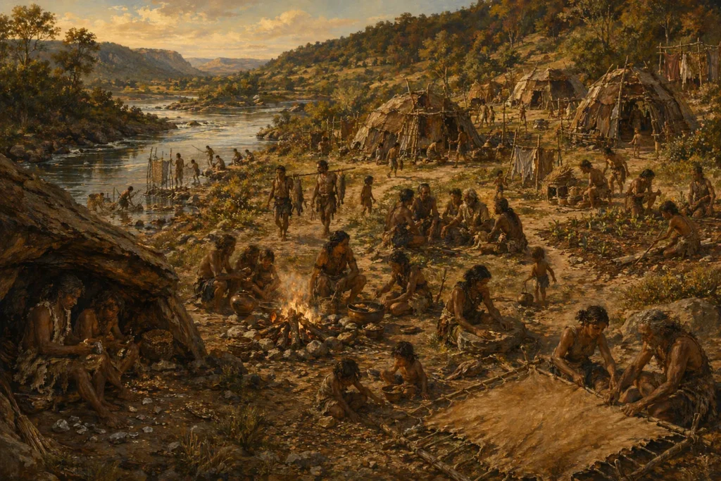 Painterly reconstruction of a prehistoric riverside community, with small groups fishing, making tools, cooking, teaching, planting, processing hides, and caring for children across a broad valley.