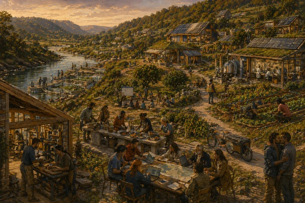 Painterly landscape of a near-future riverside community with solar-roofed buildings, gardens, workshops, outdoor learning, shared cooking, and collaborative work throughout the valley.