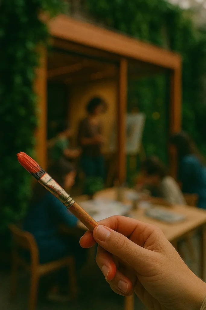 Hand holding a paintbrush in the foreground with artists working in a studio behind.