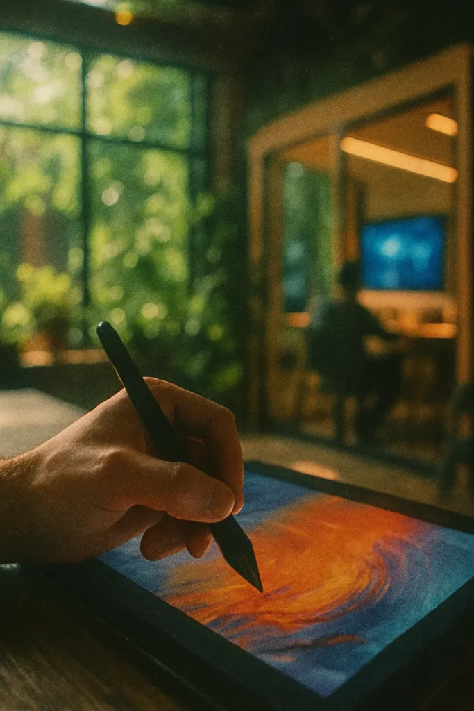 Hand using a stylus on a digital tablet in a studio with greenery beyond.