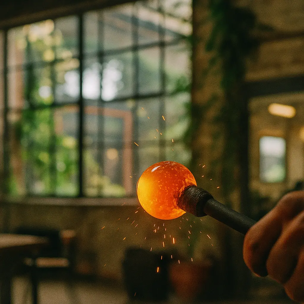 Hand holding a rod with a glowing piece of hot glass in a workshop.