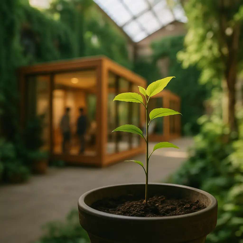 Young plant in a pot with glass-fronted studio units in the background.