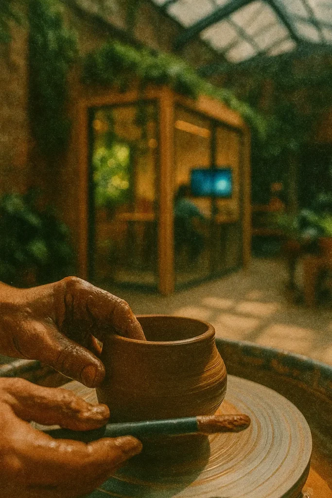 Hands shaping a clay cup on a pottery wheel with a studio pod in the background.
