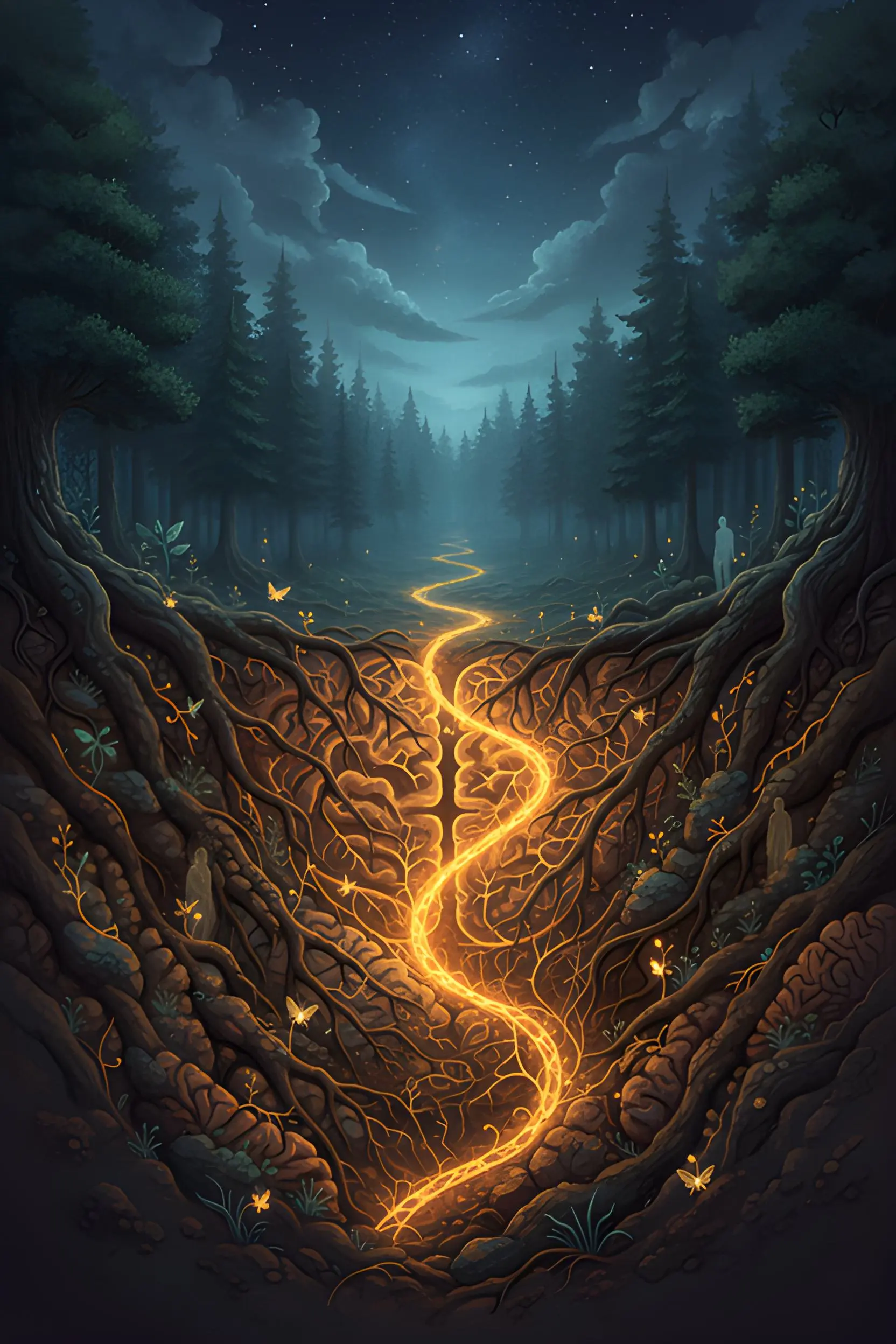 Glowing golden path running through roots and a dark forest at night.
