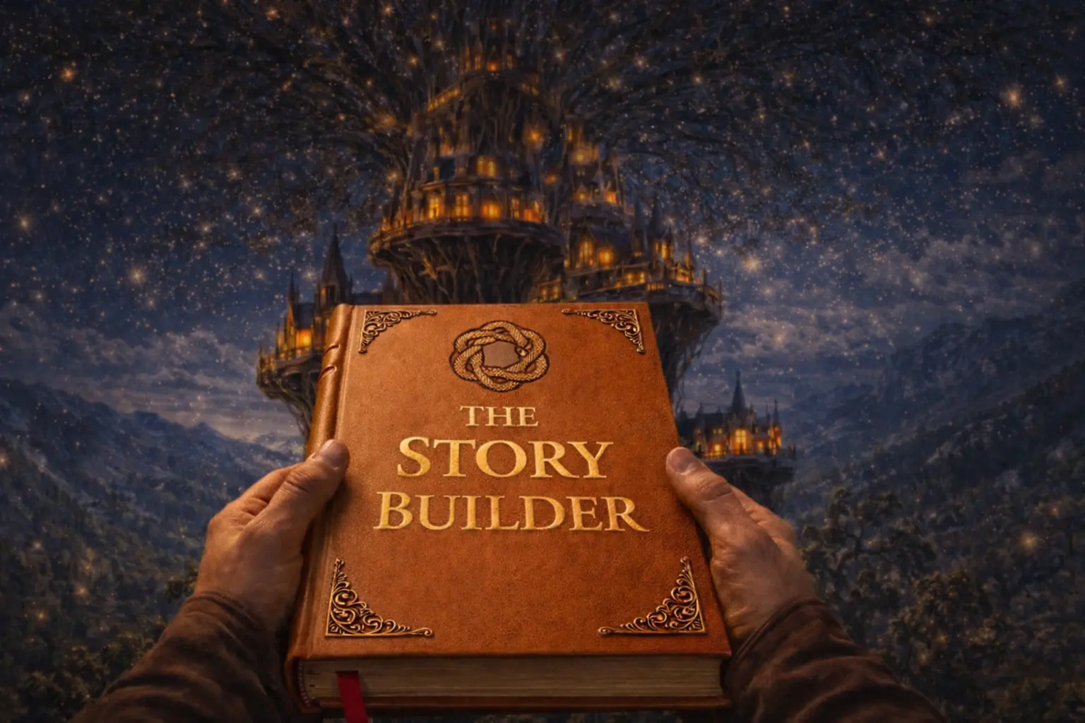 A leather bound book with the words The Story Builder and an tri-serpent ouroboros embossed on the cover held by a man's hands in front of a mystical tree and fantastical gothic-like structure.