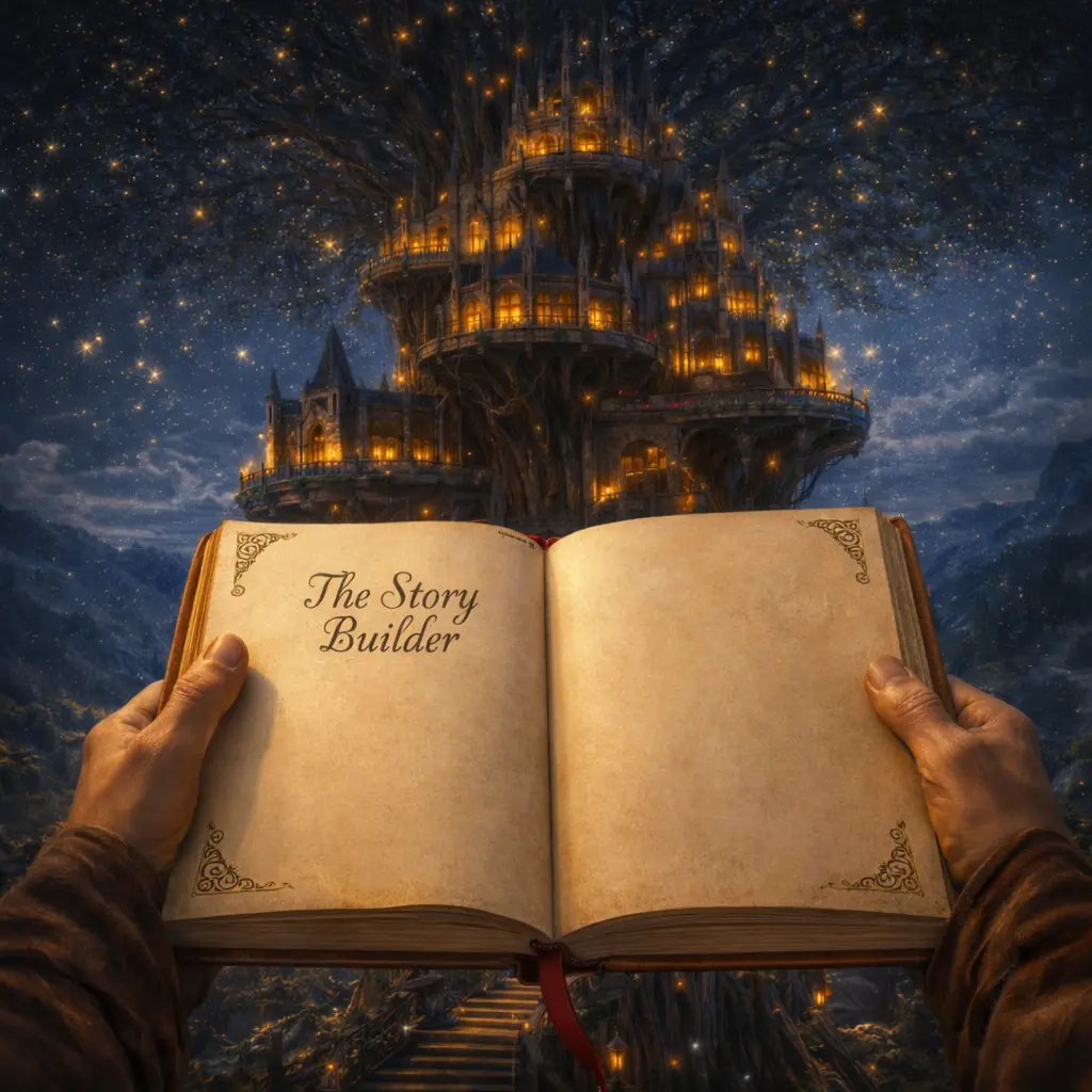 A leather bound book held open with the words The Story Builder printed on a page held by a man's hands in front of a mystical tree and fantastical gothic-like structure.