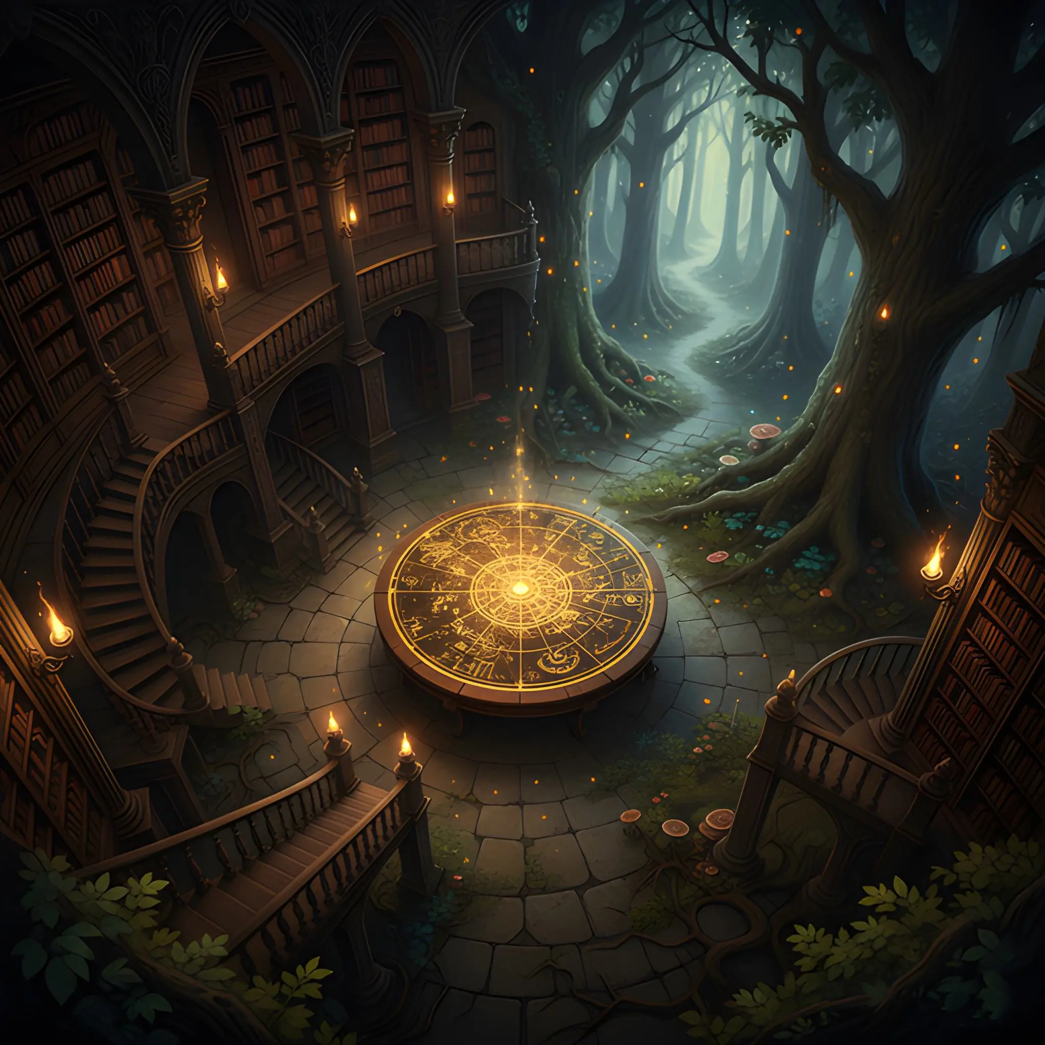 Circular library opening into a forest, with a glowing star-map table at the center.