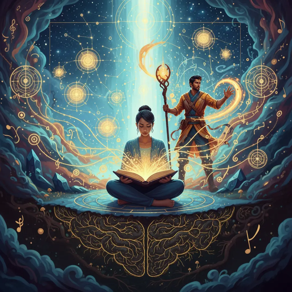 Woman reading a glowing book while another figure with a staff stands behind her in a symbolic cosmic setting.