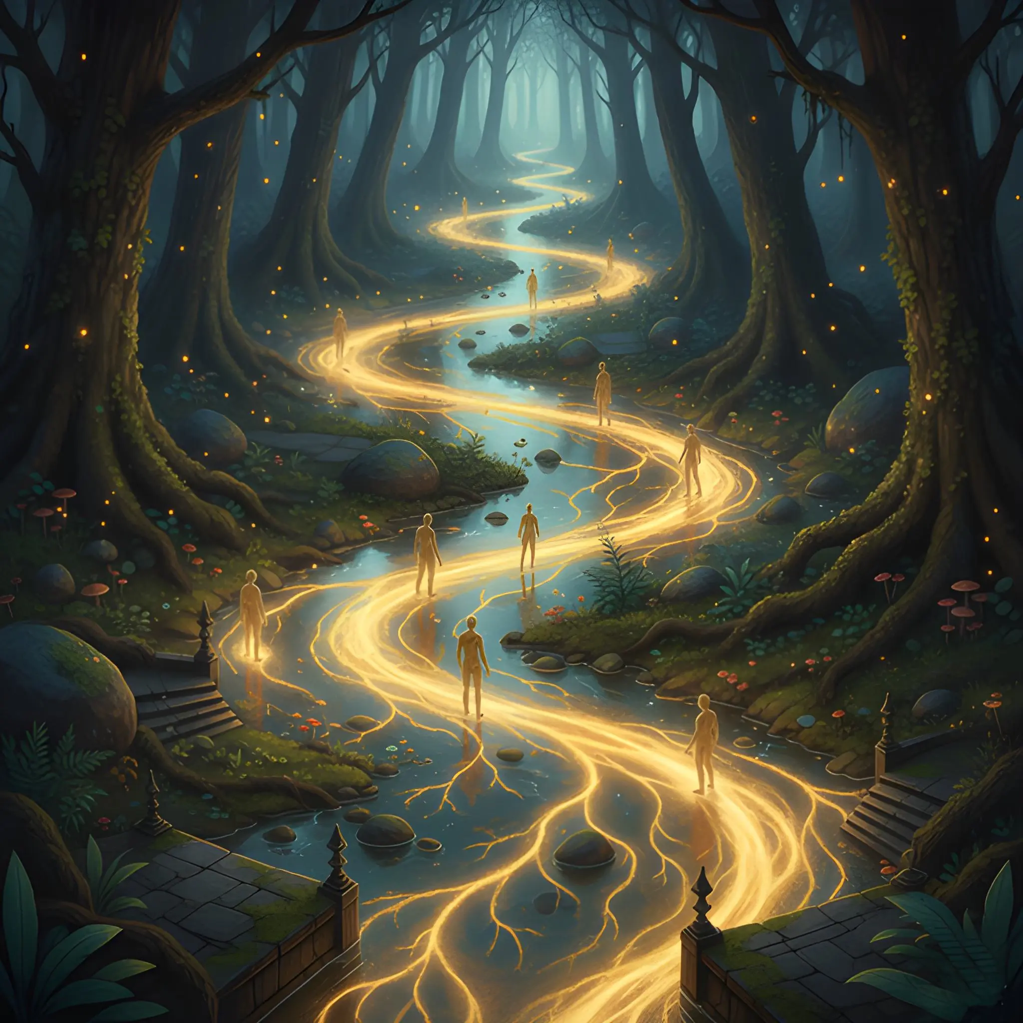 Glowing river-like path winding through a dark forest with small human figures standing along it.