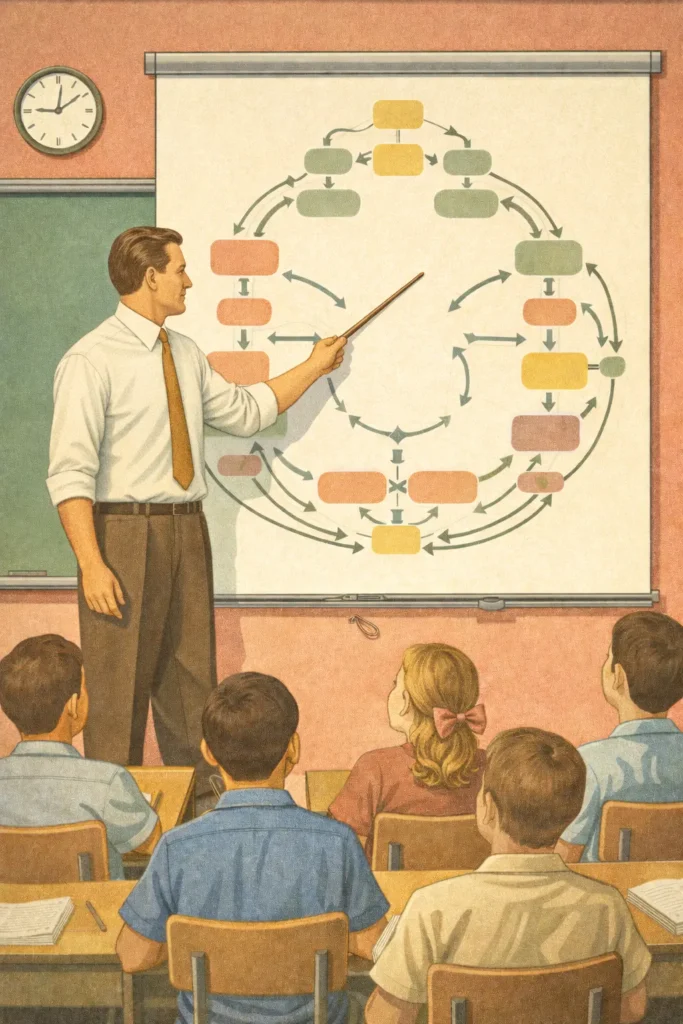 A teacher in a mid-century classroom points to a large circular flowchart on a projection screen while students sit facing forward at their desks.
