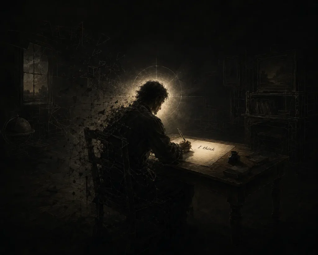 An image of a man sitting in darkness, only his head emanating light, while he writes "I think," on a parchment.