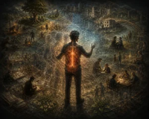 A human figure with both brainstem and brain emanating light in a field of connective lights to other figures representing society.