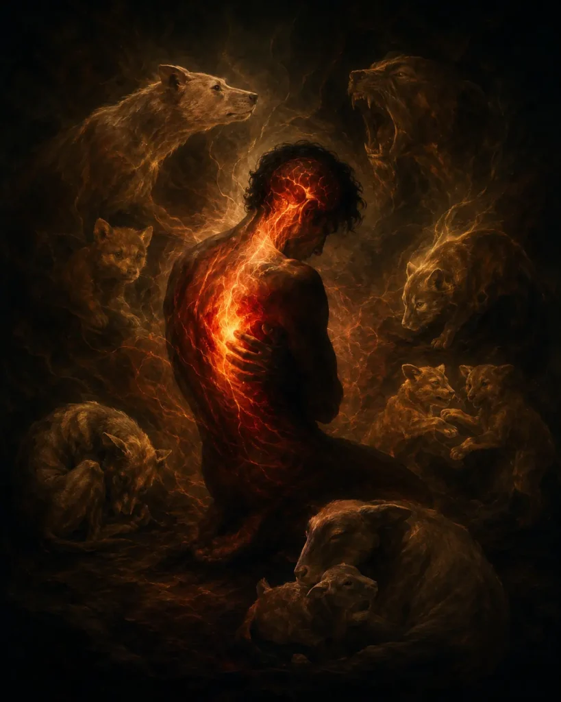 A man kneeling in darkness, his lower brain stem emanating light, animals representing various emotional states.