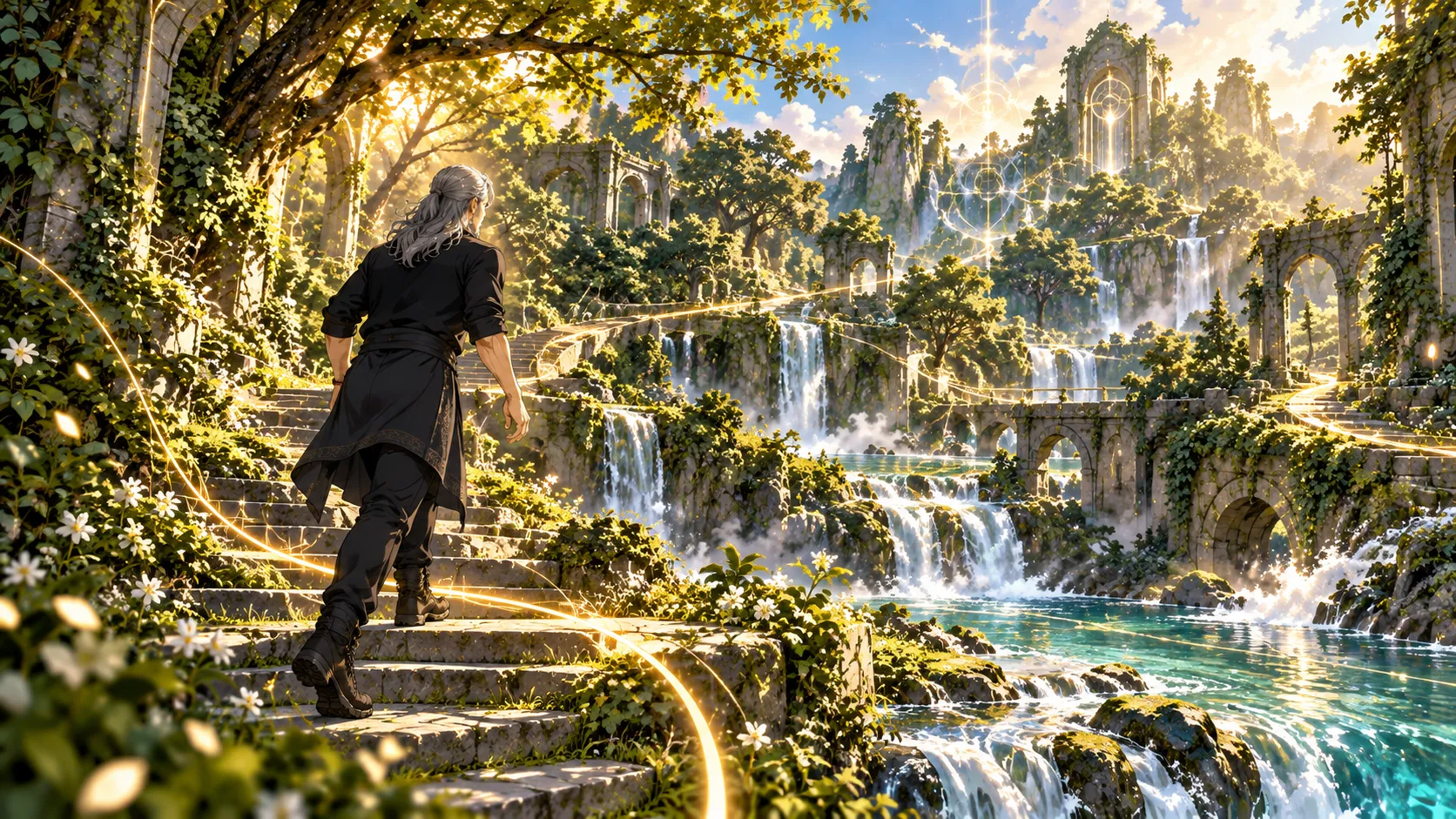 A man walks up stone steps beside waterfalls while golden lines curve through a bright forest landscape with several possible routes.