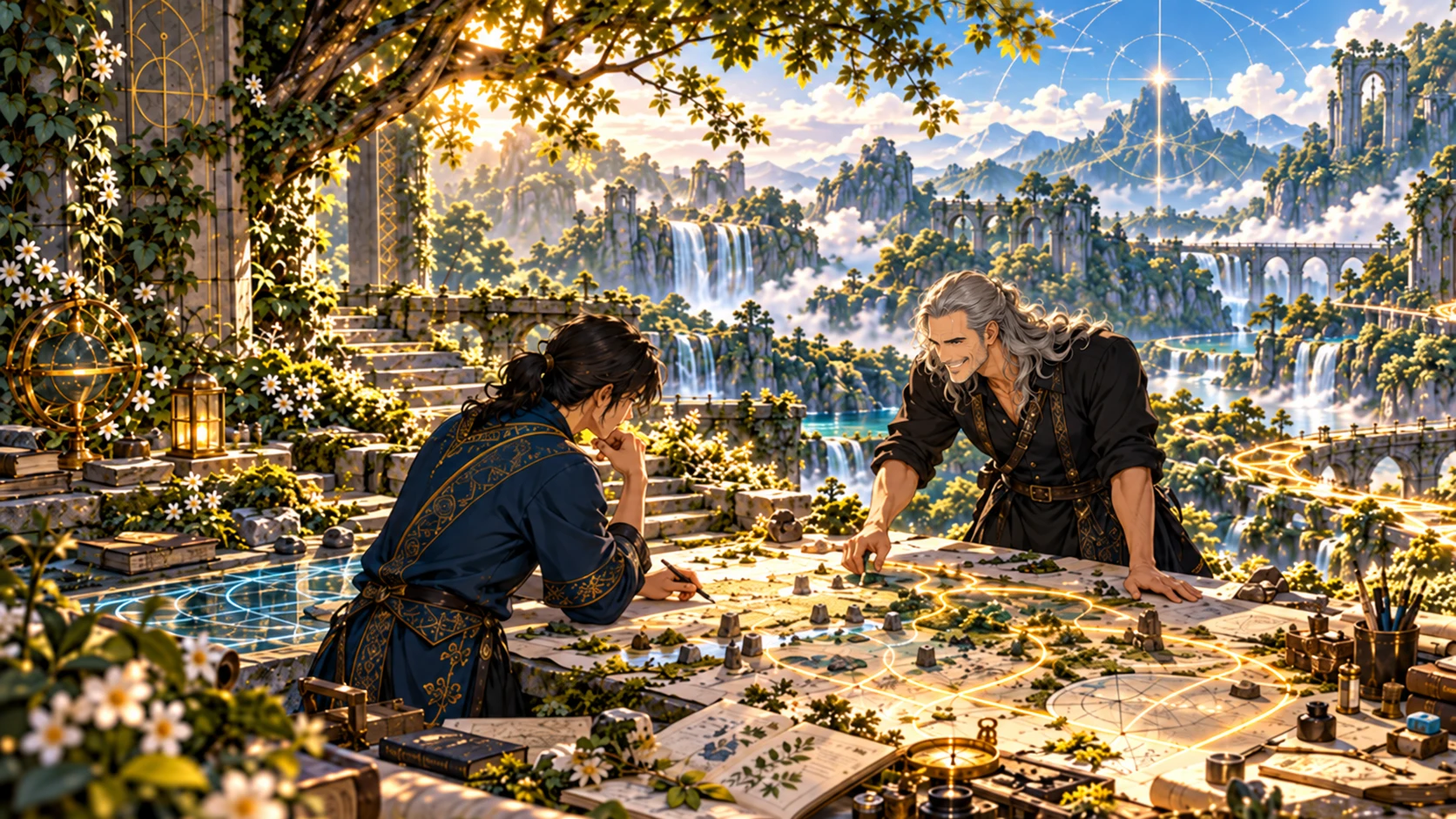 Two people work together over a large illustrated map on a forest terrace, with blue and gold luminous routes crossing the table and landscape.
