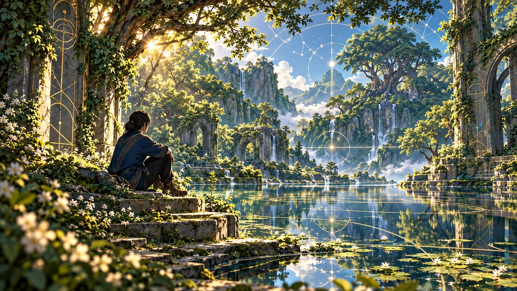A person in dark blue clothing sits beside a reflective lake overlooking waterfalls, forested cliffs, and subtle luminous geometric patterns.
