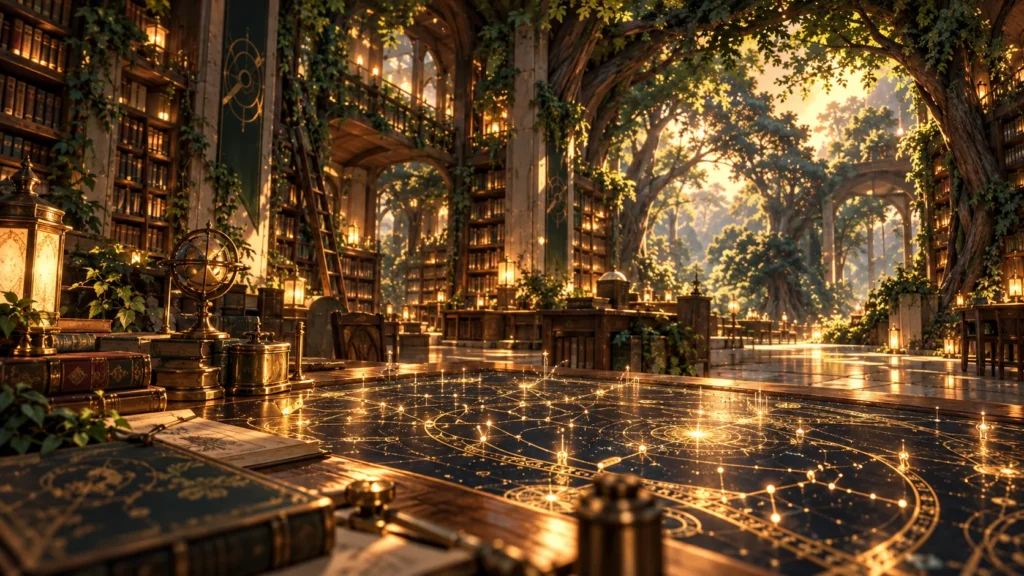 A glowing constellation map spreads across a large table in a vast library filled with books, trees, warm light, and forest beyond.