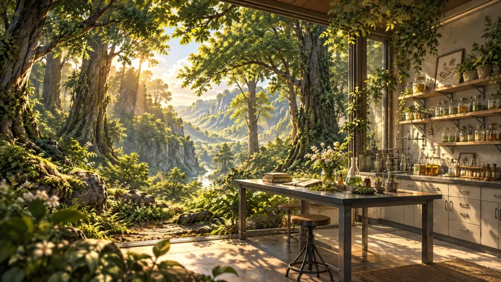 A laboratory workspace with glassware and shelves opens directly onto a sunlit forest valley with large trees, distant cliffs, and shafts of light.