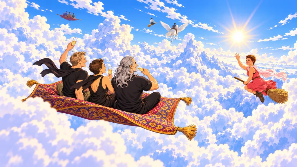 Three friends sit on a flying carpet high above a field of clouds, raising glasses and laughing, with a bright sun ahead. A woman in a red dress flies alongside on a broomstick, waving. In the distance, others travel on a second carpet, another broom, and a winged horse.