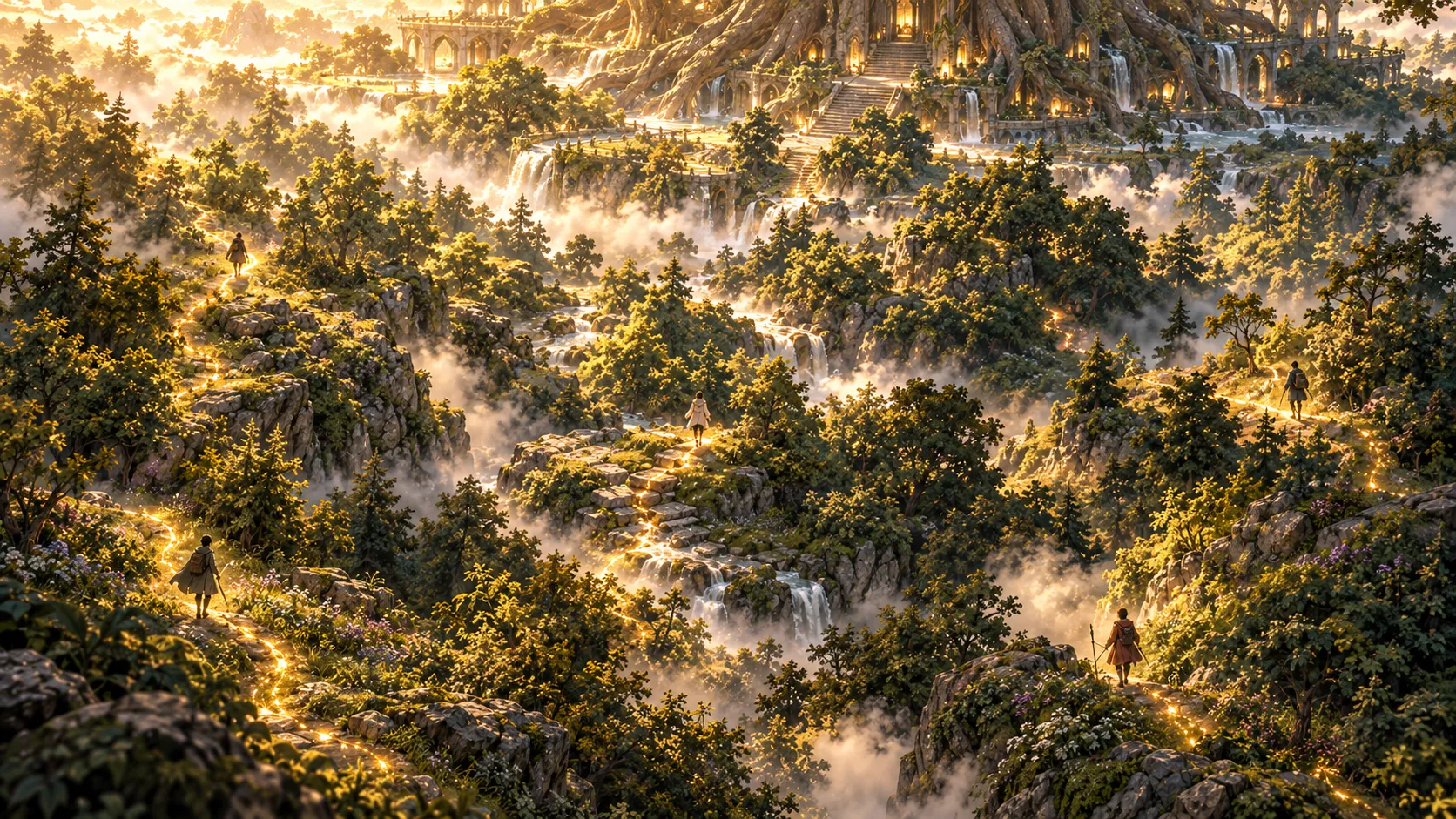 Several small figures follow separate glowing routes through a mountainous forest toward an enormous tree structure in the distance.