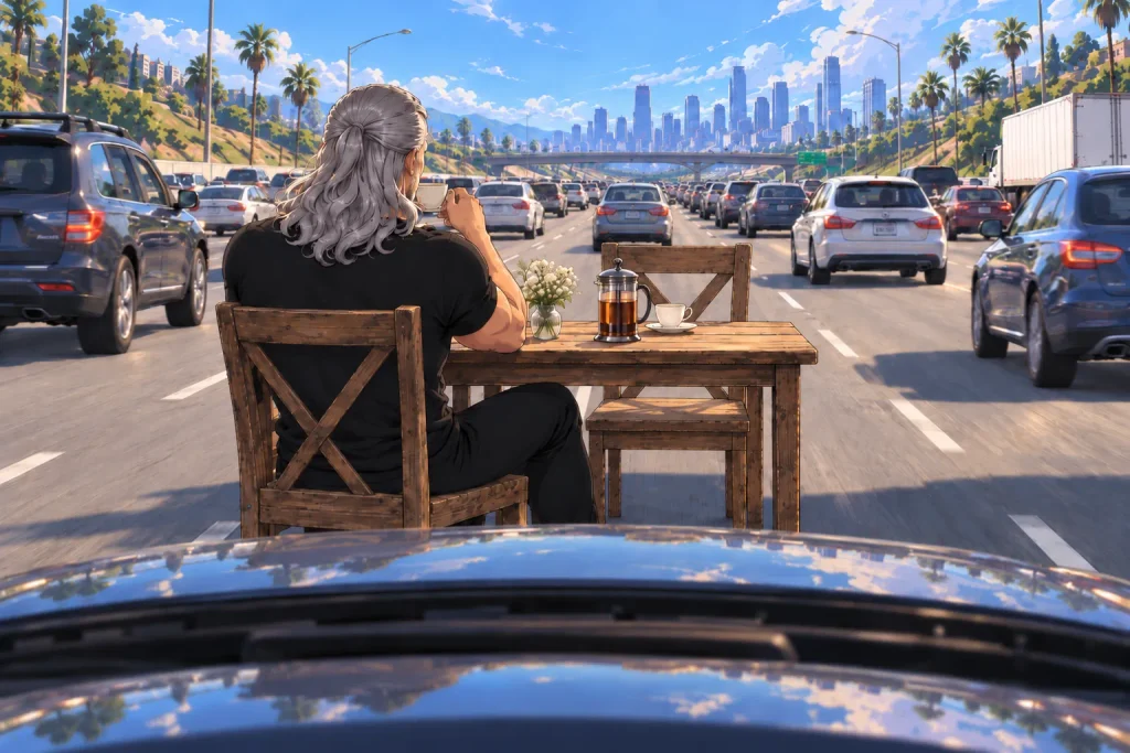 A man with long silver hair sits at a small wooden table in the middle of a moving freeway. On the table are a French press, a cup and saucer, and a vase of white flowers. A second chair faces him, empty. Cars pass in the lanes on both sides, with a city skyline ahead.