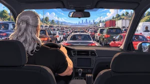 A man with long silver hair sits at the wheel of a car on a wide urban freeway, seen from the back seat. Many lanes of stopped traffic stretch to the horizon in both directions, with drivers visible in the cars alongside. A city skyline, palm trees, and dry hills stand in the distance under a bright blue sky.
