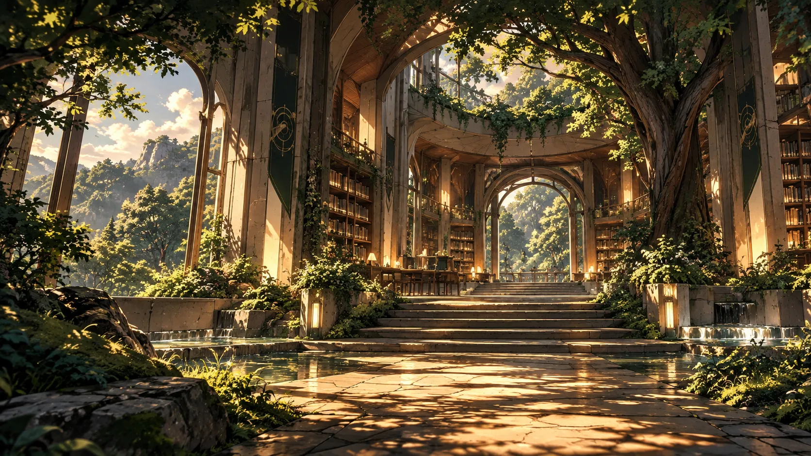A vast sunlit library integrated with mature trees, water, bookshelves, and open arches leading into a forest landscape.