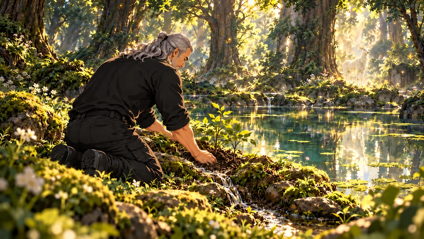 A man kneels beside a forest pond tending a young plant while a luminous white stag stands among the trees in the distance.