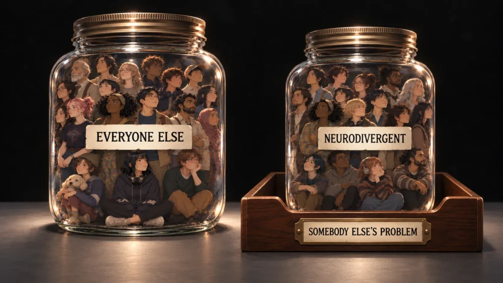 Two large glass mason jars sit side by side against a black background. The slightly larger jar is labeled “EVERYONE ELSE” and contains a diverse group of people. The smaller jar is labeled “NEURODIVERGENT” and contains another diverse group of people. It sits inside a low wooden inbox labeled “SOMEBODY ELSE’S PROBLEM.”