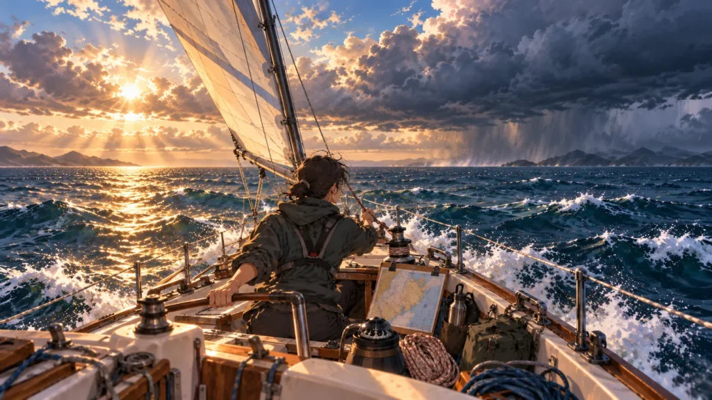 A lone sailor viewed from behind steers a small sailboat through rough water. One hand holds the tiller while the other adjusts a rope. A chart, compass, ropes, and supplies are arranged around the cockpit. Golden sunlight breaks through clouds on the left while a dark rainstorm moves across the horizon on the right.